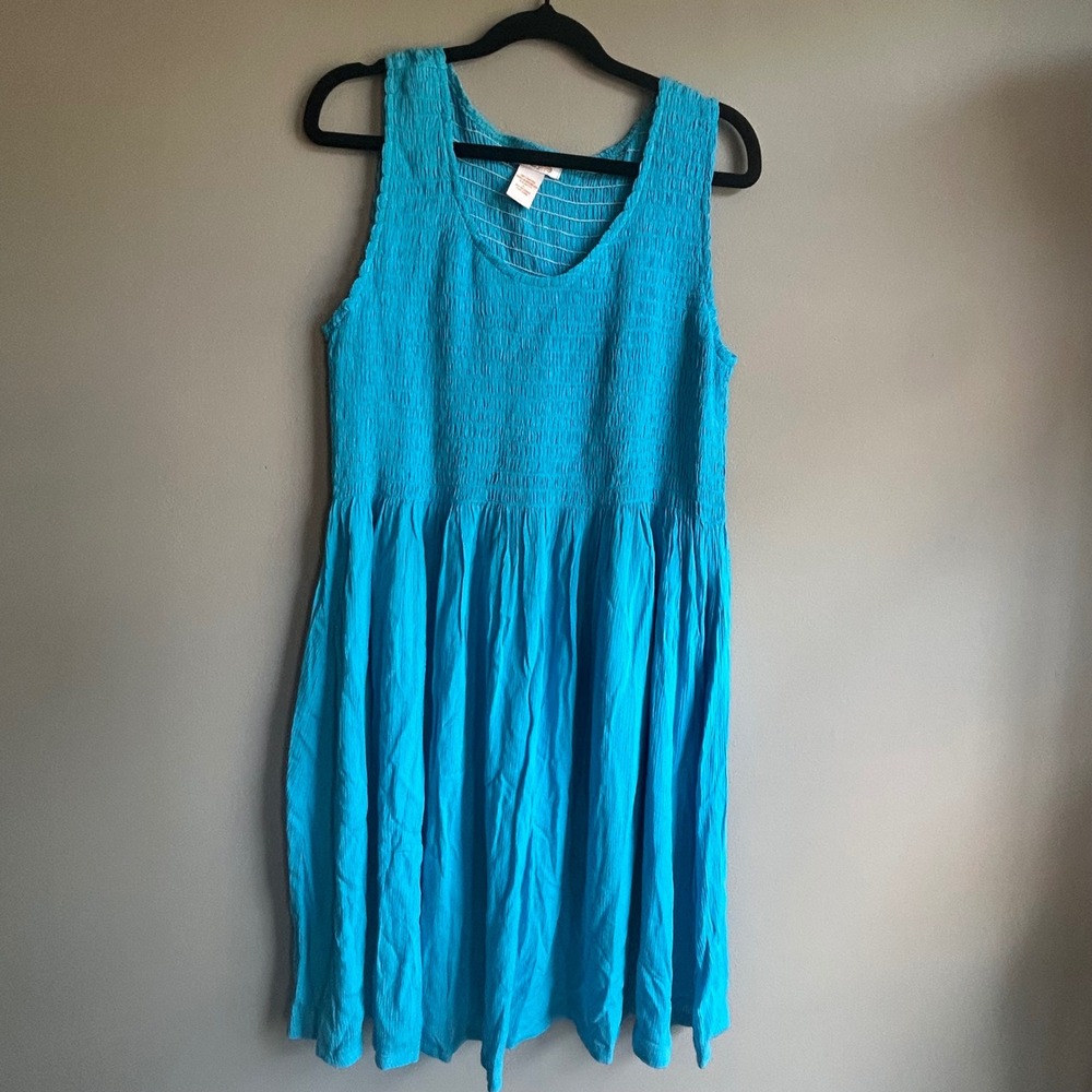 Klozyne Turquoise Blue Smocked Bodice Sleeveless Rayon Dress Large L